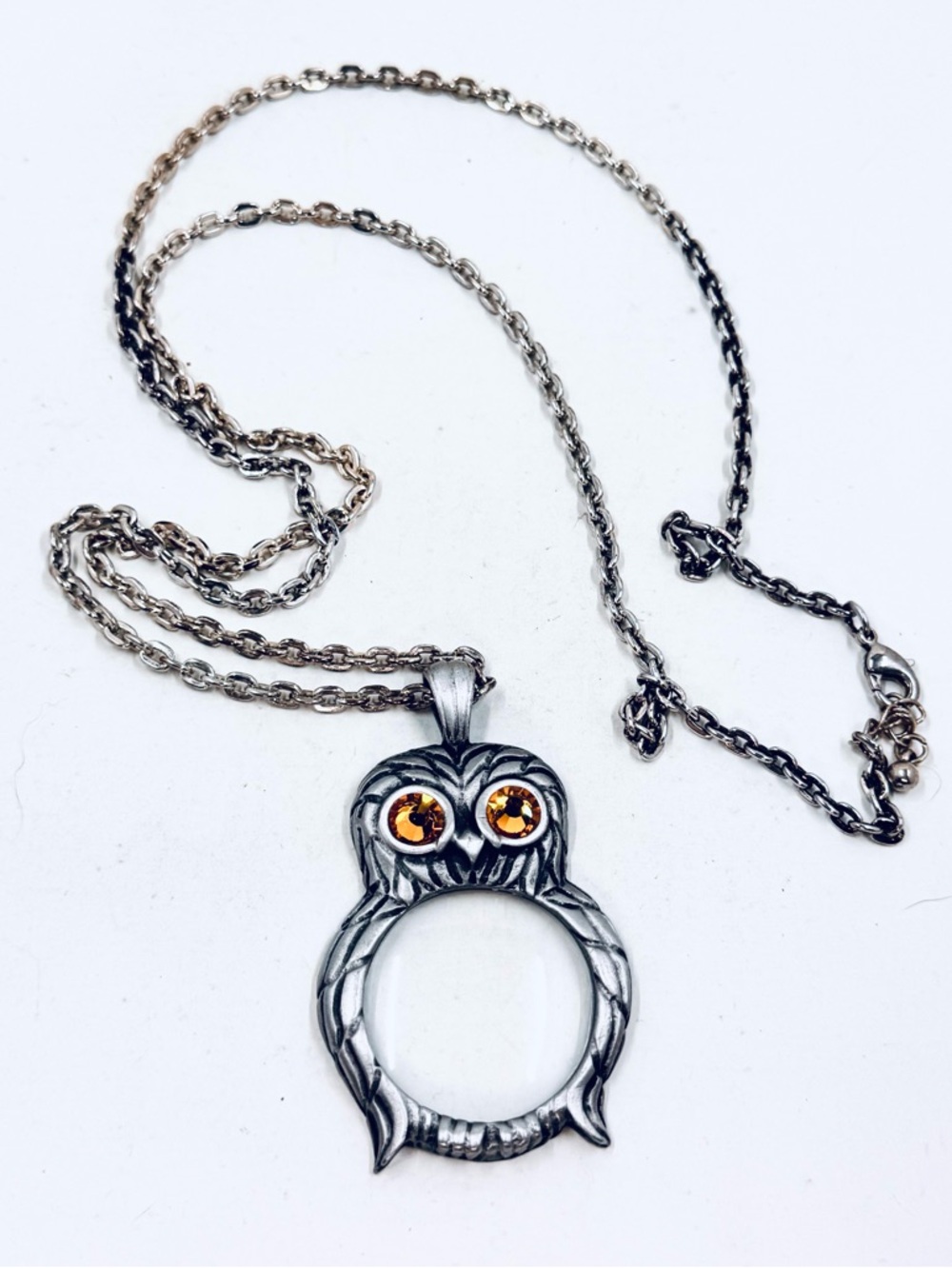 Silver Tone Owl Magnifying Glass Pendant with 30” Chain Necklace